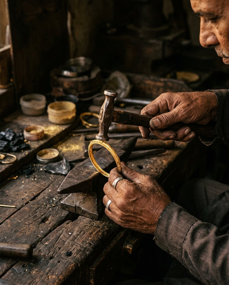 A Varunyaa goldsmith hand-hammering a bangle in Surat