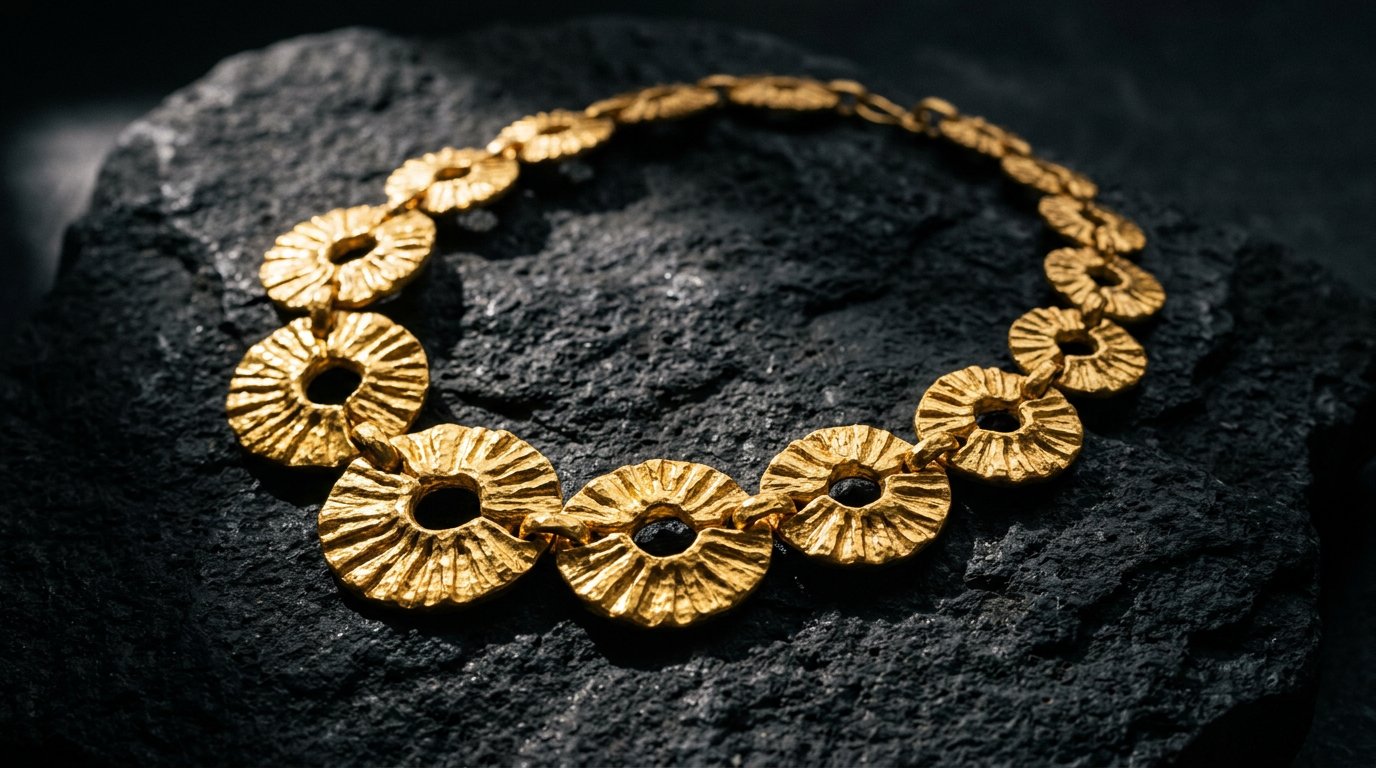 A hand-finished Varunyaa gold necklace in first light